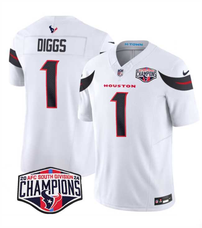 Mens Houston Texans #1 Stefon Diggs White F.U.S.E. 2024 AFC South Division Champions Vapor Limited Stitched Jersey